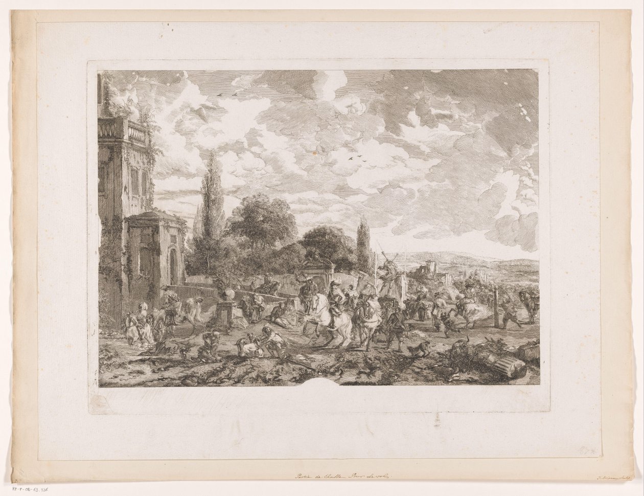 Polowanie na wyjazd do domu Partie de Chasse pour le Vol Odbitki według obrazów Philipsa Wouwermana (tytuł serii) Oeuvres de Ph.pe Wouwermans Hollandois (tytuł serii) autorstwa Jean Moyreau