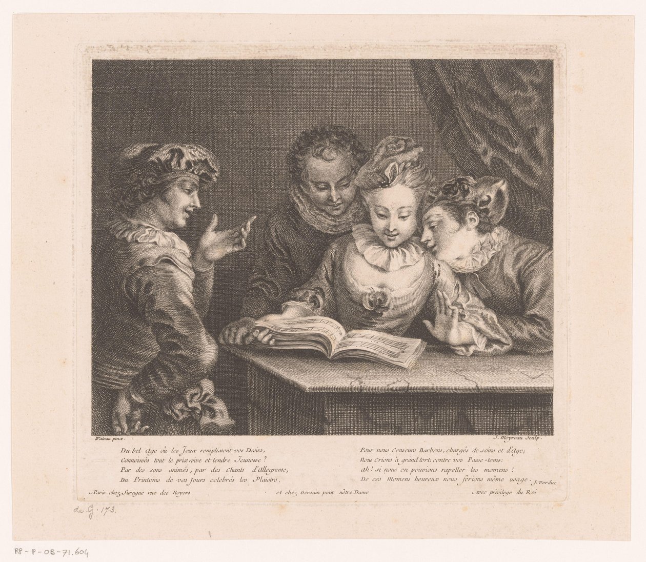 Śpiewająca młoda kobieta i trzech młodych mężczyzn przy stole Twórczość Antoine Watteau (tytuł serii) L