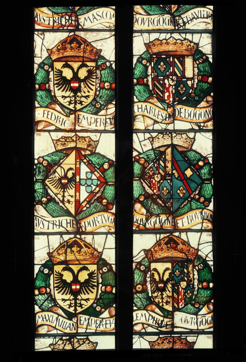 Herby heraldyczne rodzin królewskich Austrii, Niemiec, Francji i Portugalii związanych z darczyńcą Małgorzatą Austriacką, 1527-29 autorstwa Jean Orquois Antoine Noisin