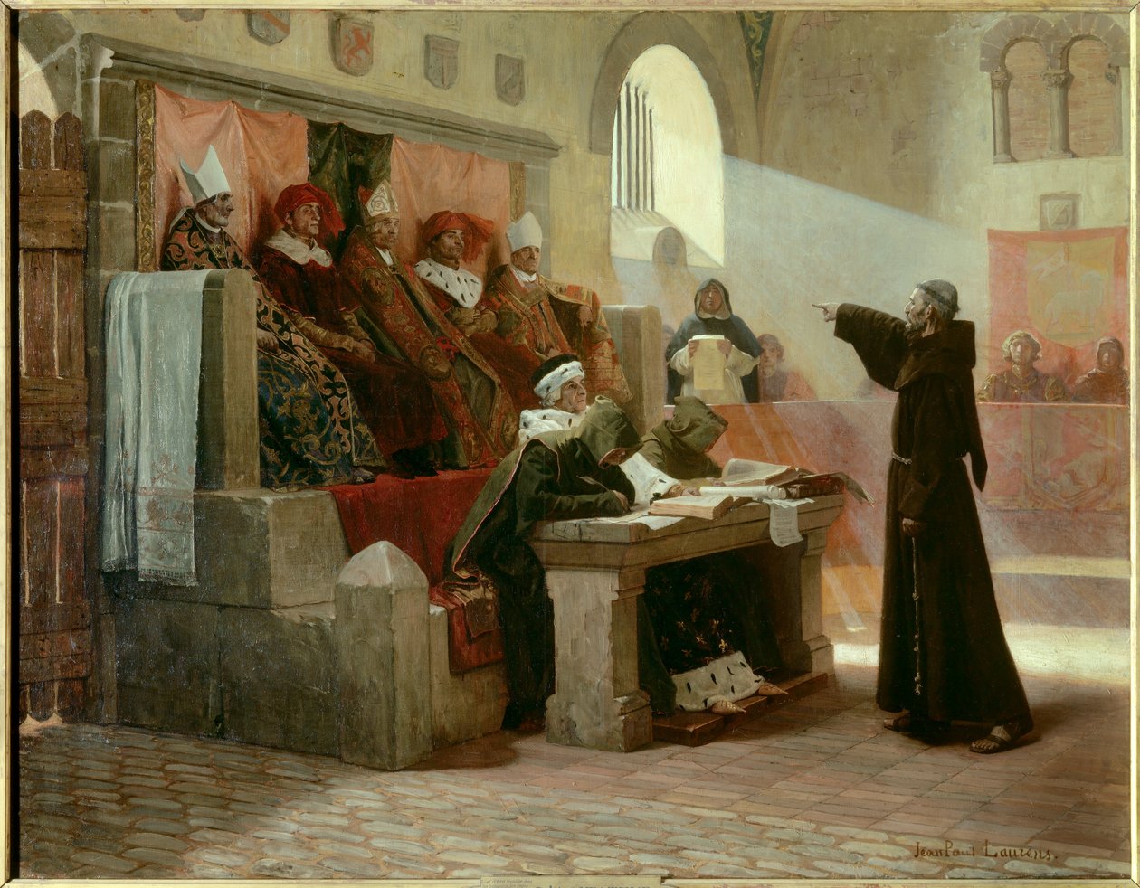 Albigeoise Inquisition: „Agitator Langwedocji Bernarda Delicieux (1260-1318), franciszkańskiego mnicha podczas procesu”. Miejsce sądu: w pierwszym rzędzie pośrodku, naprzeciw Bernarda Delicieux, wielkiego inkwizytora otaczają dwaj zakonnicy, z tyłu autorstwa Jean Paul Laurens