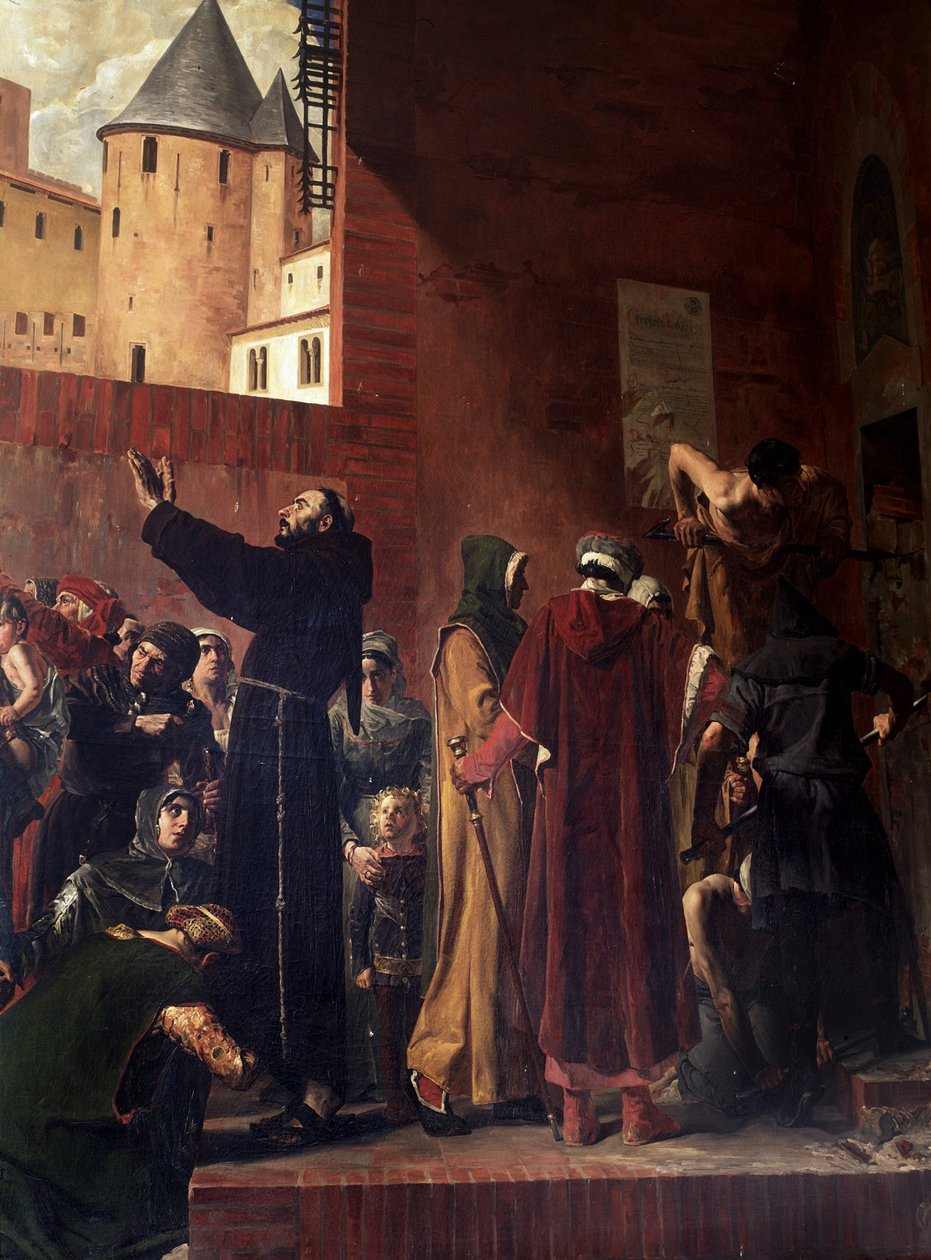 Delivrance des emmbures de Carcassonne W sierpniu 1303 r. mieszkańcy Carcassonne i Albi przybywają, by wyrwać z lochów Inkwizycji wielu więźniów, których trzymali - Bernard Delicieux próbuje powstrzymać tłum, który bawił jego przemówieniami - Reformator autorstwa Jean Paul Laurens