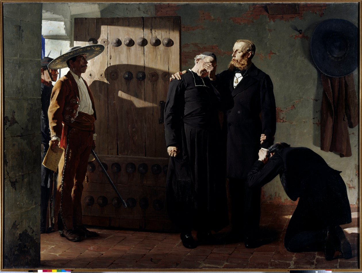 Cesarz Meksyku Maksymilian I (1832-1867) przed egzekucją 19 czerwca 1867 r. Król pocieszył księdza przed opuszczeniem więzienia. Obraz Jean Paul Laurens (1838-1921) 1882 Sankt Petersburg. Muzeum Ermitażu. autorstwa Jean Paul Laurens
