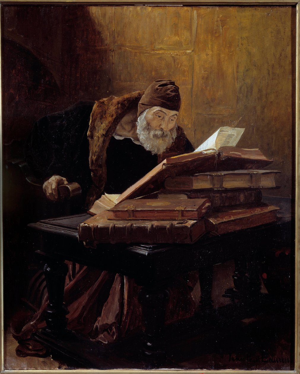 Stary naukowiec. Obraz Jean Paul Laurens (1838-1921) 1889. Olej na płótnie. Wymiary: 0,60 X 0,48m. Tuluza, Musee Des Augustins - Stary naukowiec lub Alchemik. Obraz Jeana Paula Laurensa (1838-1921) autorstwa Jean Paul Laurens