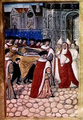 F.28r Przybycie ciała królowej księżnej i przyjęcie przez kardynała Filipa Luksemburskiego z relacji z pogrzebu Anny Bretanii (1477-1514) 1515 autorstwa Jean Perreal
