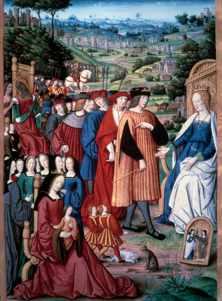 Alegoria: rozum i człowiek. Król Francji Ludwik XII (1462-1515) kieruje się ku racji, która projektuje jego żonę, królową Annę Bretanii (1477-1514). Miniatura Jeana Pichore