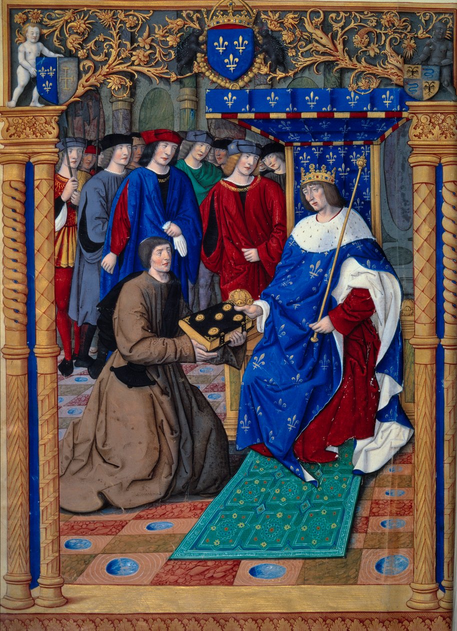 Francesco Petrarca lub Petrarka przedstawia swoją książkę królowi Francji Ludwikowi XII. W miniaturze w ""Zadośćuczynienie na oba losy. De remediis utriusque fortunae "" Petrarki (1304-1374) i oświetlony przez Jeana Pichore
