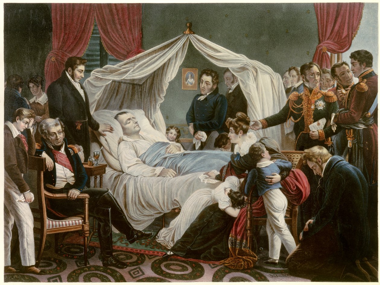 Śmierć Napoleona, 05.05.1821 w Sainte Helene Litografia Jean Pierre Marie Jazet (1788-1871) według obrazu Charlesa Auguste Steubena (1788-1856) Malmaison. Muzeum Zamkowe autorstwa Jean Pierre Marie Jazet