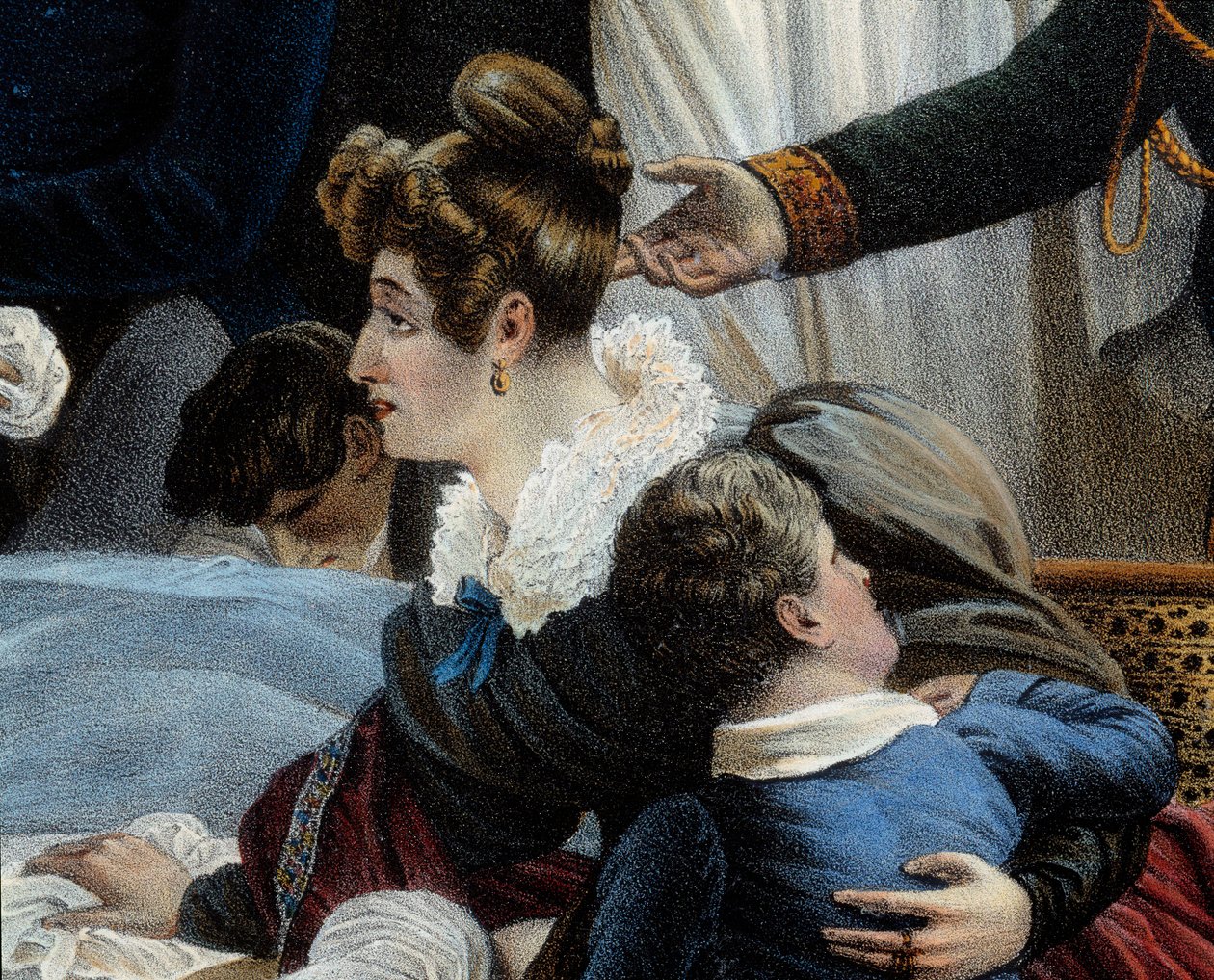 Śmierć Napoleona, 5.05.1821 w Saint Helenedetail przedstawiający Fanny Bertrand, żonę Henri Gatien Bertrand (1773-1844). Litografia Jeana Pierre