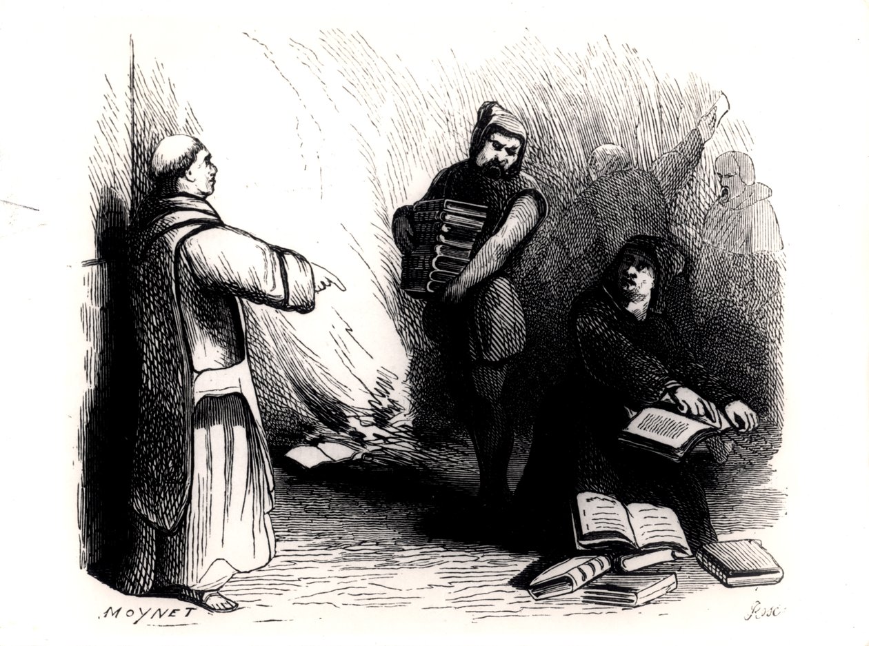Auto da Fe książek w Rzymie zamówionych przez Komisję Indeksową, z "Le Secret de Rome au XIXe siecle" Eugene Briffault, Paryż, 1874 autorstwa Jean Pierre Moynet