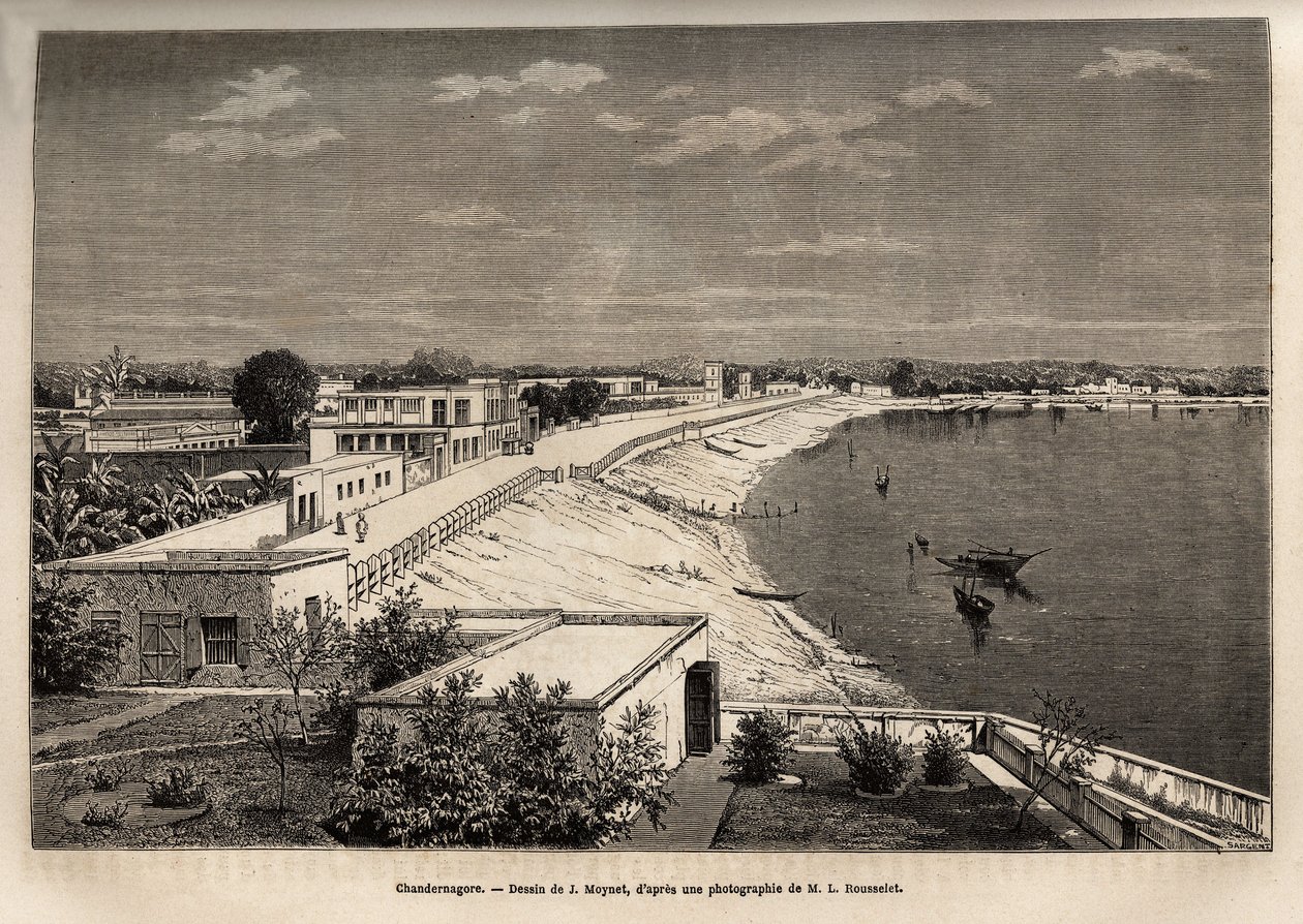 Chandernagor (dzisiejszy Chandannagar, w Zachodnim Bengalu), nad brzegiem Gangesu, rycina wg rysunku J.Moyneta, ilustrująca podróż radżów po Indiach, w latach 1864-1868, autorstwa Louisa Rousseleta, opublikowana w „” Le tour du monde”” 1874, pod red. autorstwa Jean Pierre Moynet