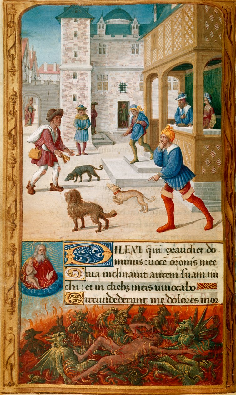 Yates Thompson 5, f.70v, Miniature with Dives, ucztujący z żoną i do którego podszedł Łazarz, w miejskim pejzażu, za nim w dolnej granicy Dives dręczony przez demony i obserwowany przez duszę Łazarza, która jest trzymana przez Boga w niebie i zdobione ini autorstwa Jean Poyer