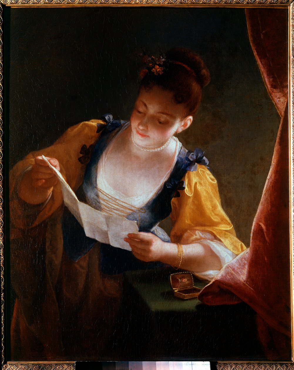 Młoda kobieta czytająca list Obraz Jeana Raoux (1677-1734) XVIII-wieczne słońce. 0,99x0,81 m² autorstwa Jean Raoux