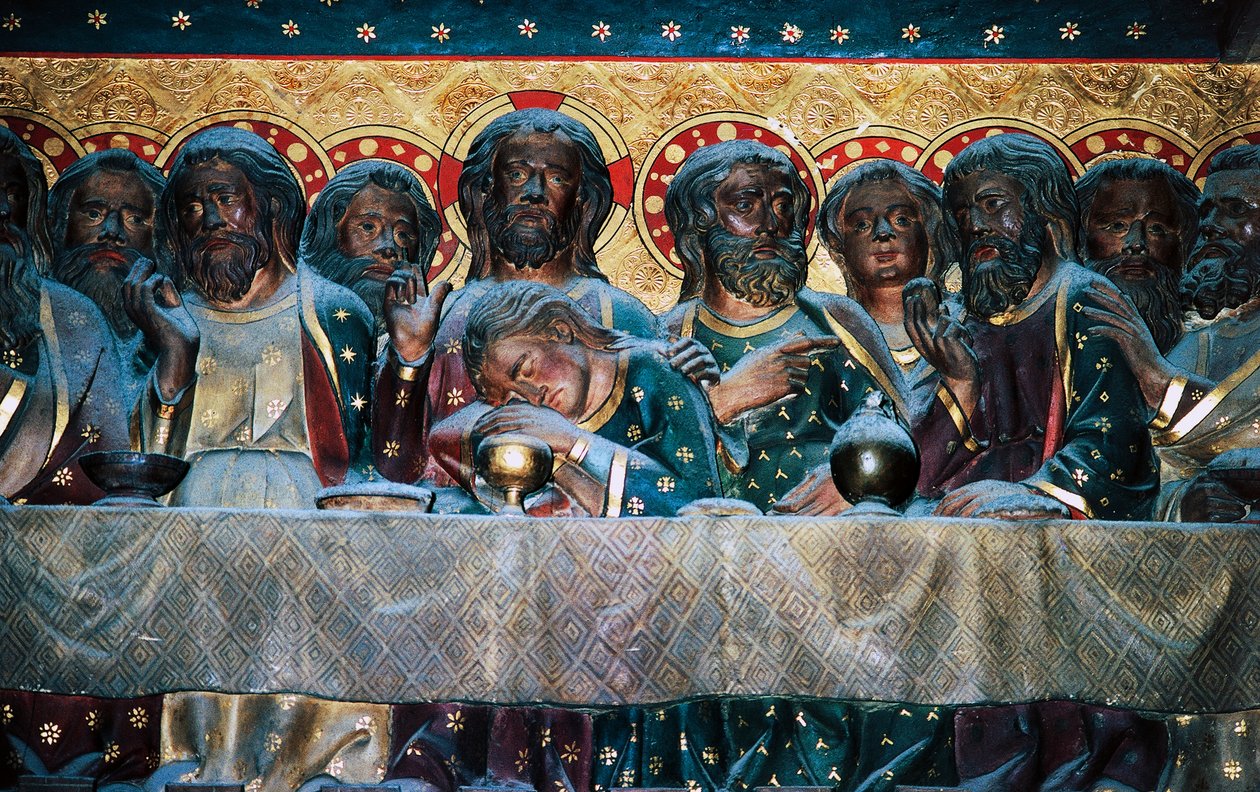 Ostatnia Wieczerza, płaskorzeźba chóru z opowieściami z życia Chrystusa, autor: Jean Ravy (zm. 1345), Katedra Notre-Dame (Lista Światowego Dziedzictwa UNESCO) autorstwa Jean Ravy