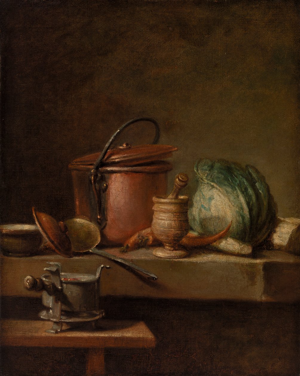 Martwa natura z miedzianym garnkiem, kapustą, tłuczkiem i piecem autorstwa Jean Baptiste Simeon Chardin
