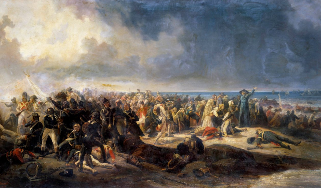 Wojny Vendee: „Bitwa pod Quiberon” 21 lipca 1795 r. generał Lazare Hoche zapobiegł próbie wyładowania emigracji rojalistycznych, powiązanych z chouanami. Obraz Jeana Soreuila (1824-1871) 1850 Arras, Musee Des Beaux Arts autorstwa Jean Soreuil