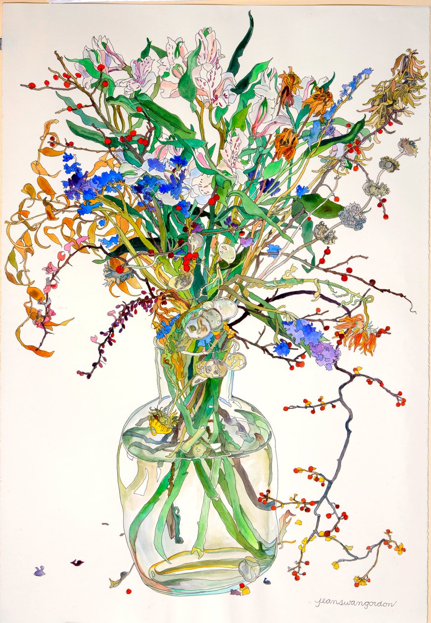 Alstroemeria, Statice, nagietek Honesty, suche liście, jagody autorstwa Jean Swan Gordon