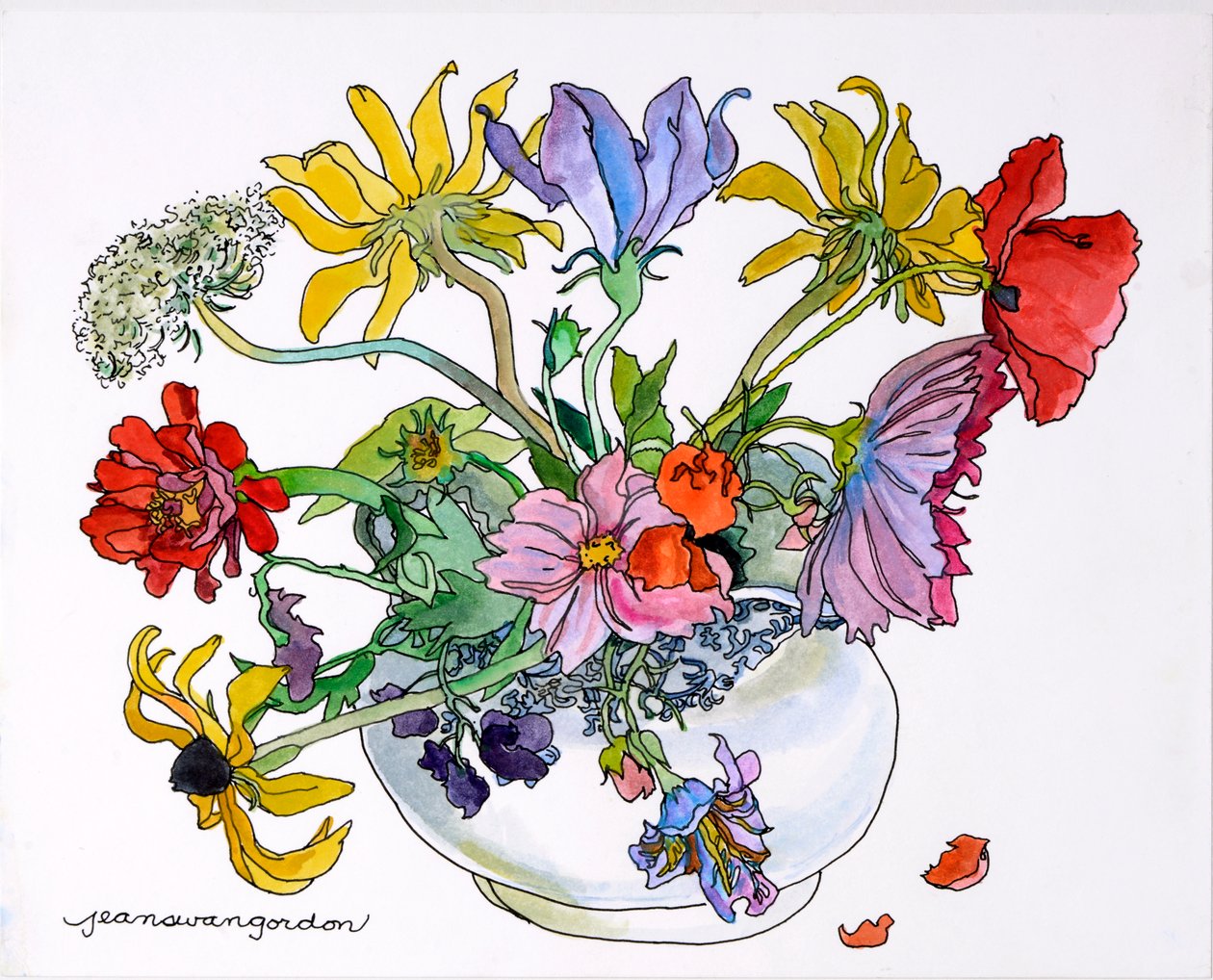 Black Eyed Susans, Queen Annes Lace  Cosmos w niebiesko-białej porcelanowej misce (akwarela i tusz na papierze) autorstwa Jean Swan Gordon