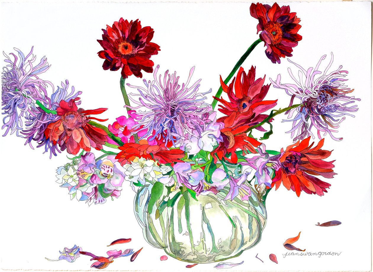 Gerbera, gwiazda betlejemska, chryzantema pajęcza, dzbanek Heisey, 2000 (akwarela i tusz na papierze) autorstwa Jean Swan Gordon