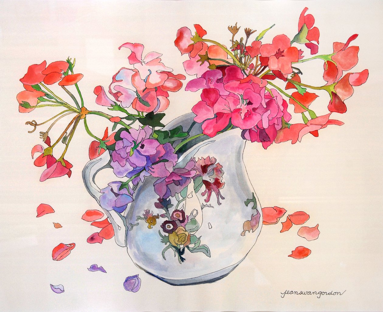 Wiosenne kwiaty w Limoges Du Barry Creamer (akwarela i tusz na papierze) autorstwa Jean Swan Gordon