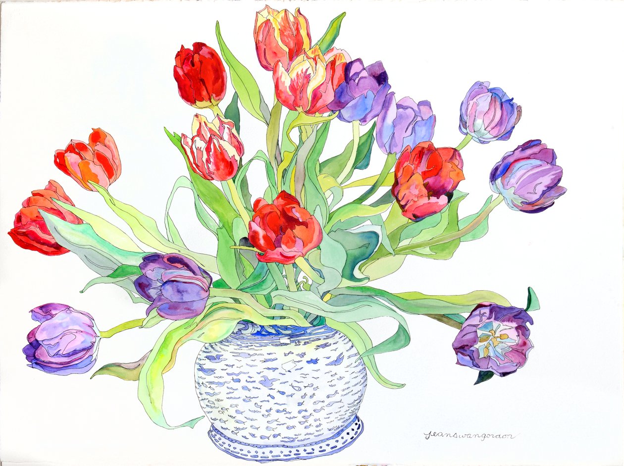 Tulipany w misce z malowanymi rybami i ptakami, 2006 (akwarela i tusz na papierze) autorstwa Jean Swan Gordon