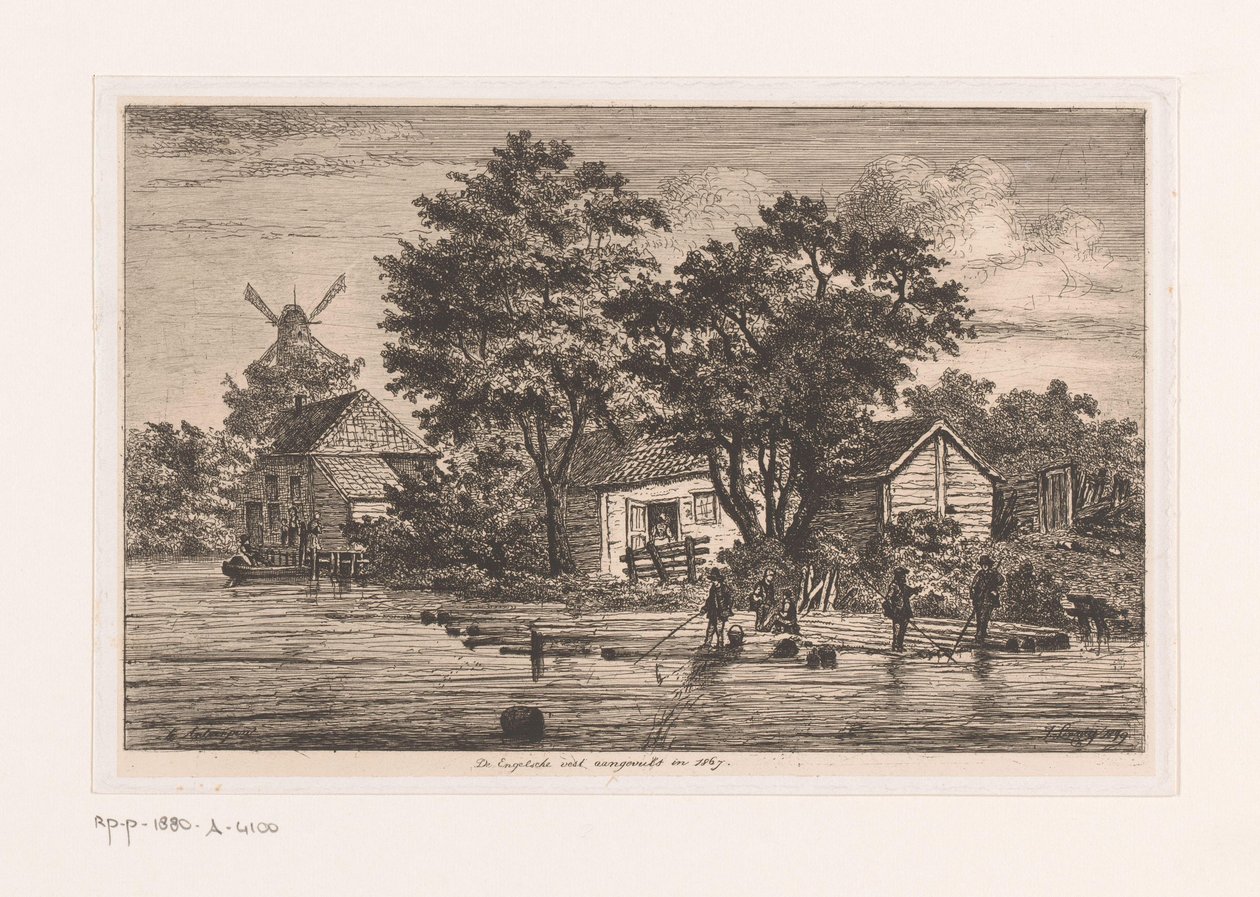 Widok angielskiej kamizelki w Antwerpii, na której zbierane są pnie drzew, w tle budynki i młyn Kamizelka angielska ukończona w 1867 r. (tytuł na obiekcie) autorstwa Jean Théodore Joseph Linnig