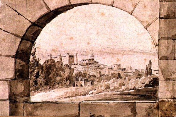 Widok na miasto i jezioro Bracciano, ok. 1810 r. (pióro i atrament sepia z myciem sepii na papierze) autorstwa Jean Thomas Thibault