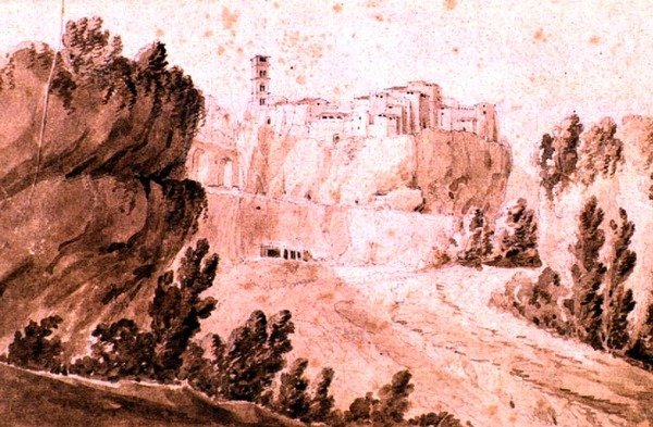 Widok miasta Bracciano, ok. 1810 (pióro i sepia oraz pranie na papierze) autorstwa Jean Thomas Thibault