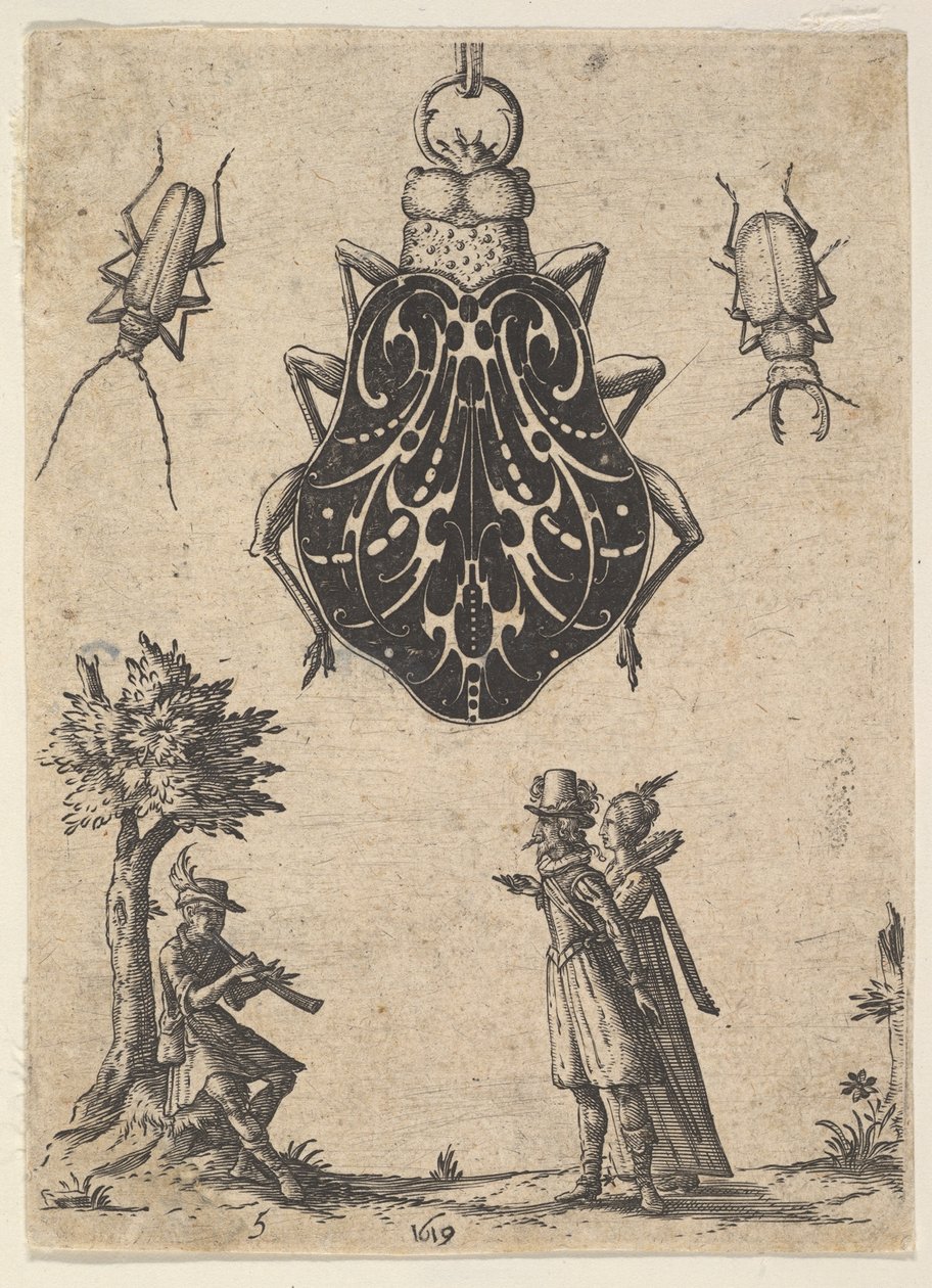 Wisiorek w kształcie żuka z parą i młodym mężczyzną grającym na instrumencie, 1619. autorstwa Jean Toutin