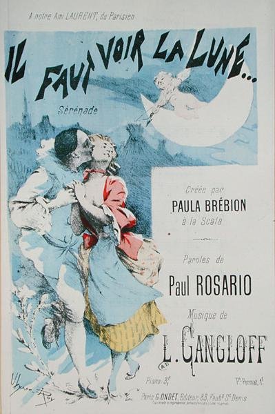 Przednia okładka partytury do „Il Faut Voir la Lune”, muzyka: L. Gangloff, tekst: Paul Rosario, stworzona przez Paulę Brebion w La Scali (kolor grawerowany) autorstwa Jean Ulysse Roy