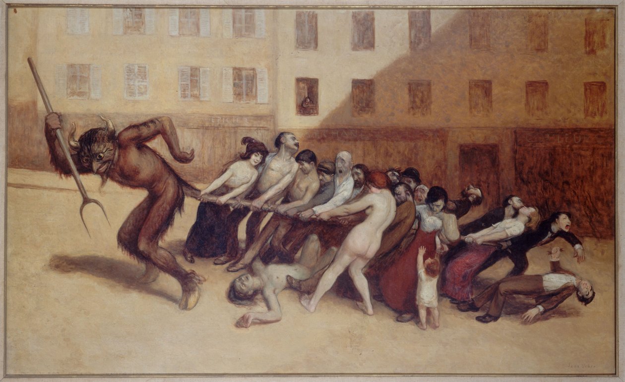 Paryżanie ciągnący diabła za ogon, ok. 1920 (olej) autorstwa Jean Veber