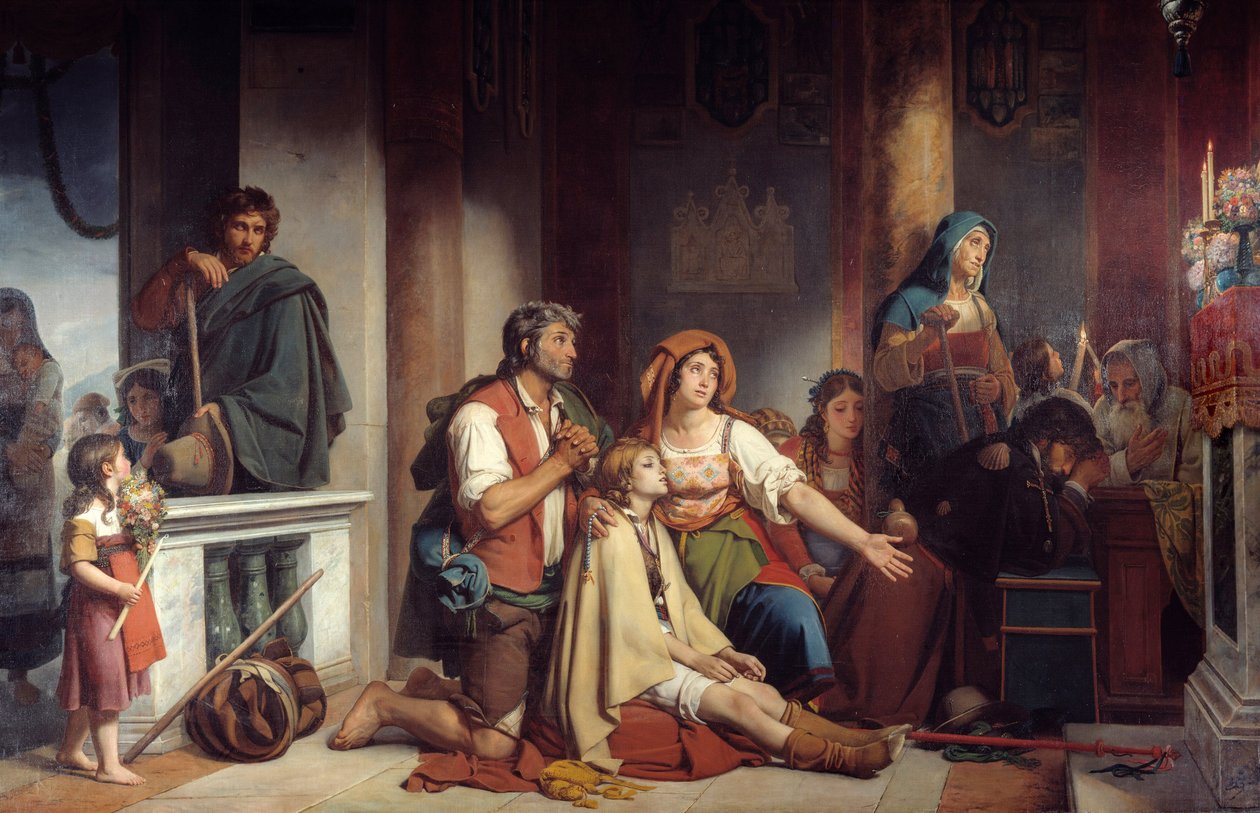 Takie życzenie ma Matka Boża Grupa Niepełnosprawnych i Chorych Modląca się do Matki Bożej. Obraz Victora Schnetza (1787-1870) 1831 Nd. 2,82x4,90 m² autorstwa Jean Victor Schnetz