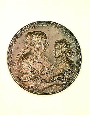 Medal Fundacji Val-de-Grace. Verso przedstawiający Annę Austriaczkę (1601-66) i jej syna Ludwika XIV (1638-1715) 1638 (brąz) autorstwa Jean Warin