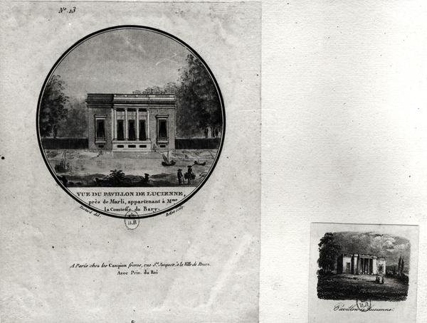Widok pawilonu w Louveciennes wybudowanego przez Claude-Nicolasa Ledoux (1736-1806) dla Madame du Barry (wc na papierze) autorstwa Jean Testard