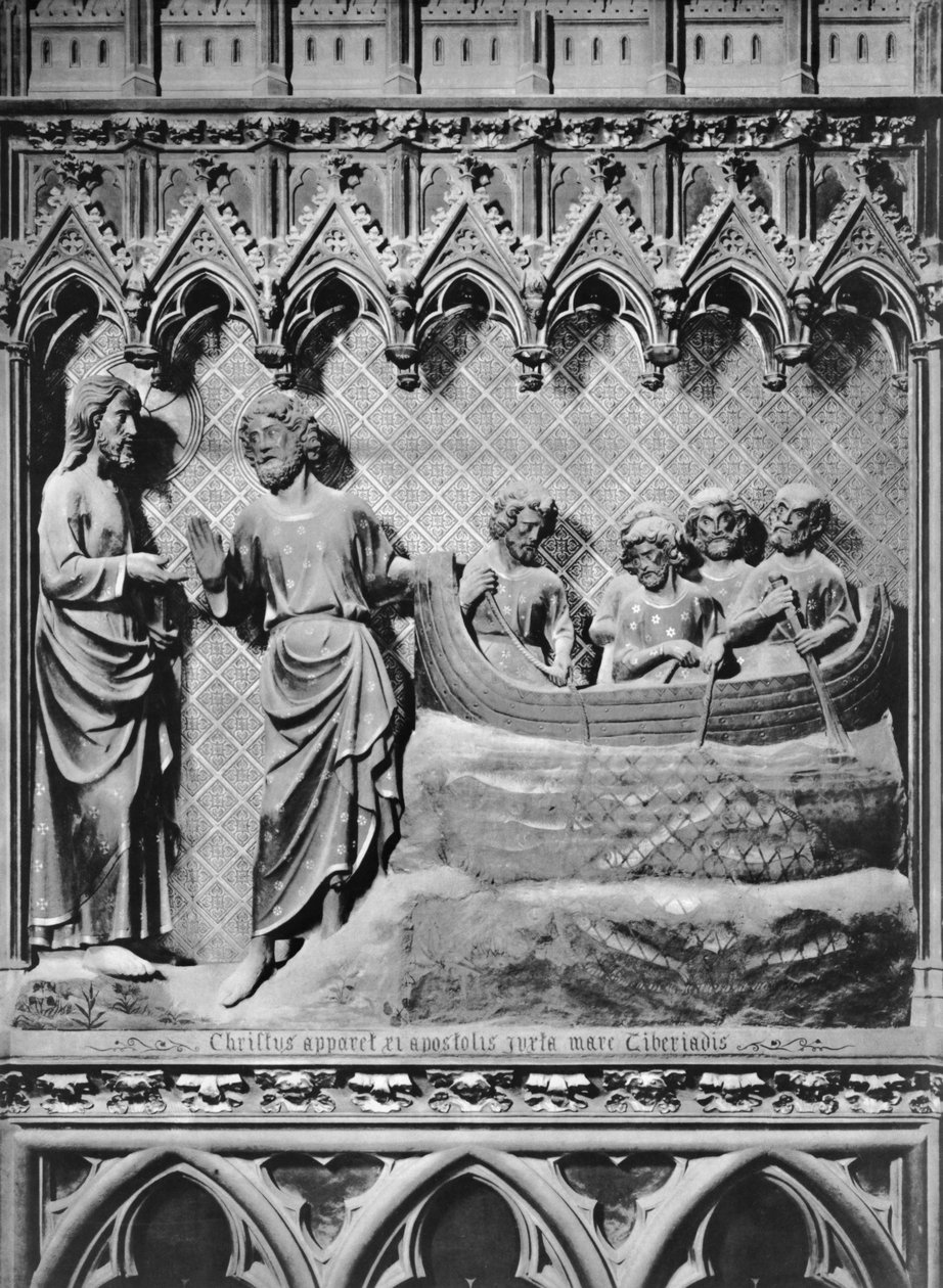 Katedra, wnętrze, ekran chóru, Jezus Chrystus ukazujący się na Jeziorze Tyberiadzkim, cudowny połów ryb, ok. 1340-51 (kamień polichromowany) autorstwa Jean and Jean Le Boutellier Ravy