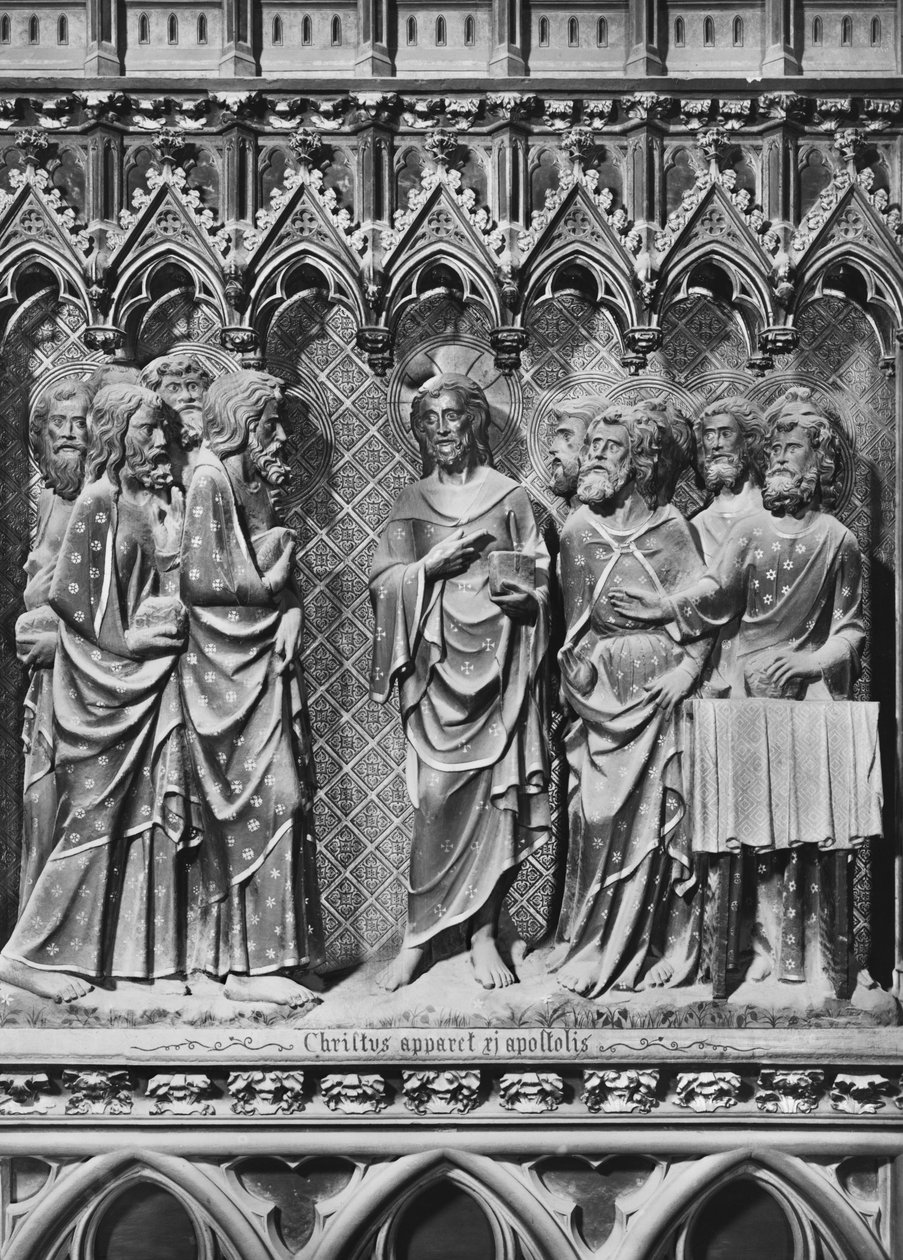 Katedra, wnętrze, parawan chórowy, Jezus Chrystus ukazujący się apostołom, ok. 1340-51 (kamień polichromowany) autorstwa Jean and Jean Le Boutellier Ravy