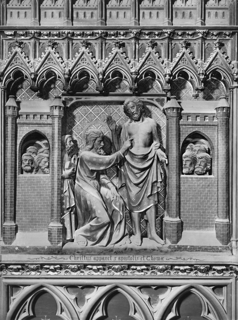Katedra, wnętrze, parawan chórowy, Jezus Chrystus ukazujący się apostołom, niedowierzanie św. Tomasza, ok. 1340-51 (kamień polichromowany) autorstwa Jean and Jean Le Boutellier Ravy