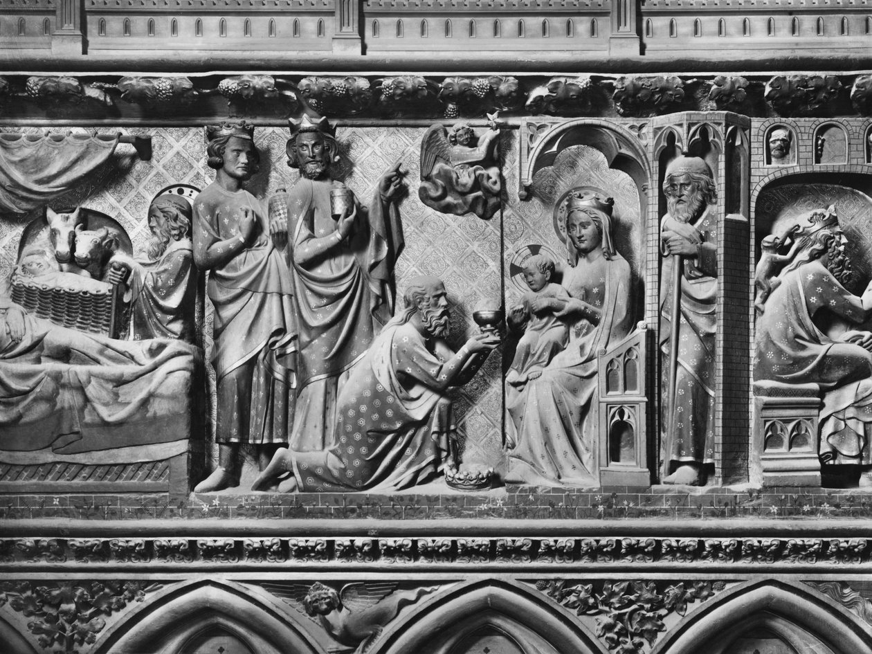 Katedra, wnętrze, parawan chóru, Narodzenia, Adoracja Trzech Króli, ok. 1340-51 (kamień polichromowany) autorstwa Jean and Jean Le Boutellier Ravy