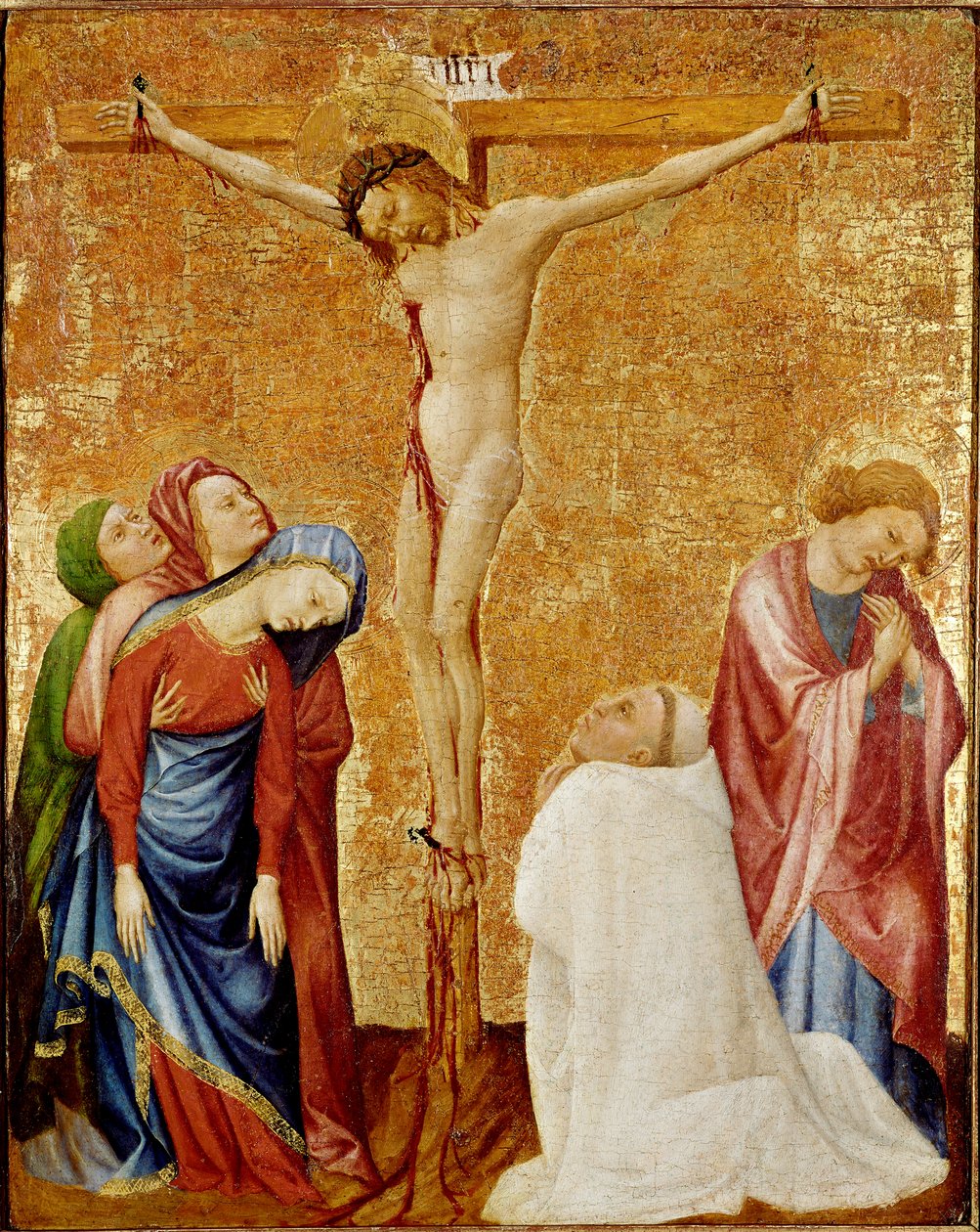 Kalwaria do mnicha kartuzów. Trzy dziewice i św. Jan otaczają krzyż. Mnich kartuzów klęczy u stóp Chrystusa. Obraz Jeana de Beaumetz (1361-1396) autorstwa Jean de Beaumetz