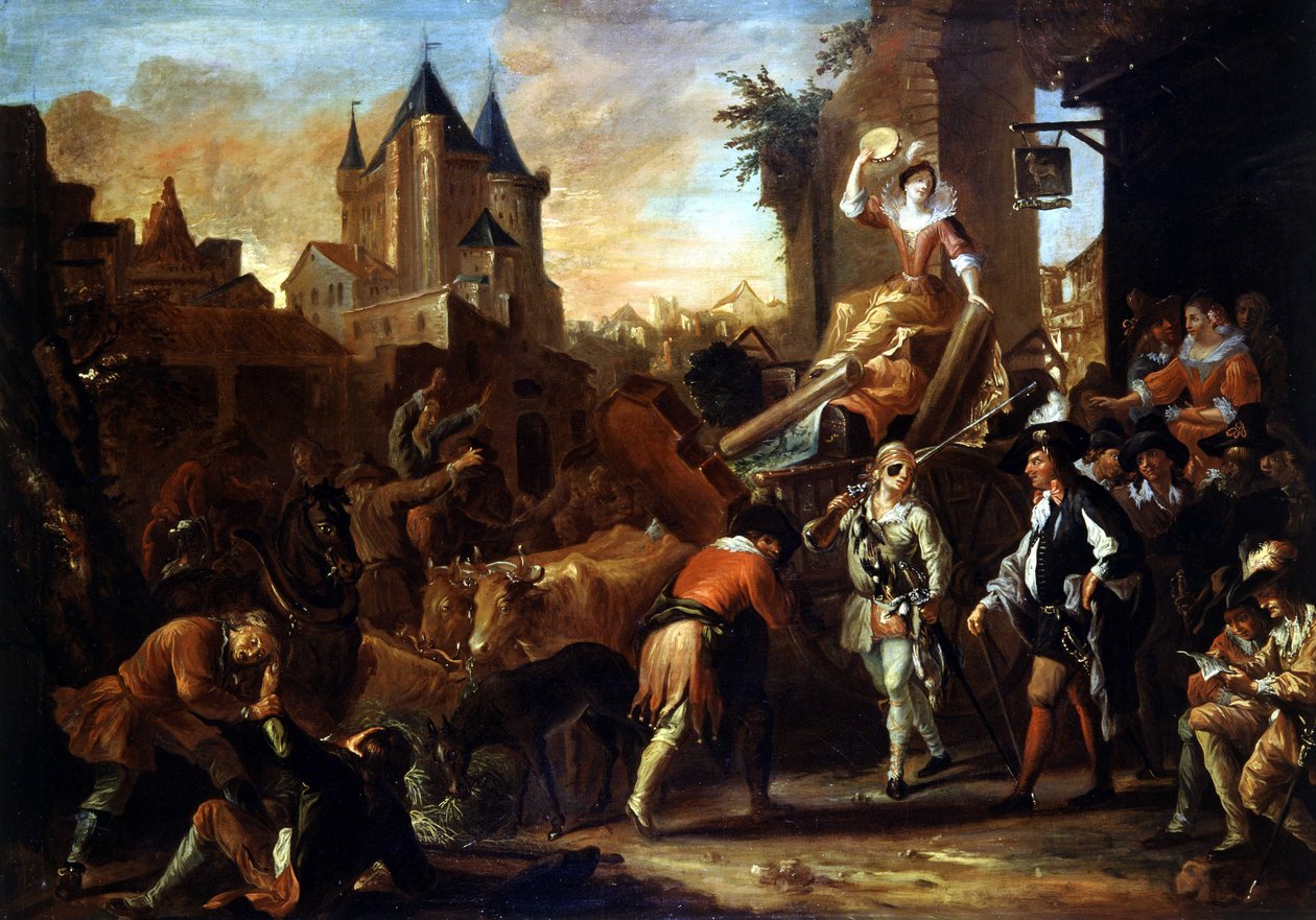 Przybycie komików do Le Mans Painting ilustrującego „Komiks rzymski” Paula Scarrona (1610-1660). Obraz Jean-Baptiste (Jean Baptiste) Coulom (lub Coulon) (ok. 1695-1735) autorstwa Jean de Coulom
