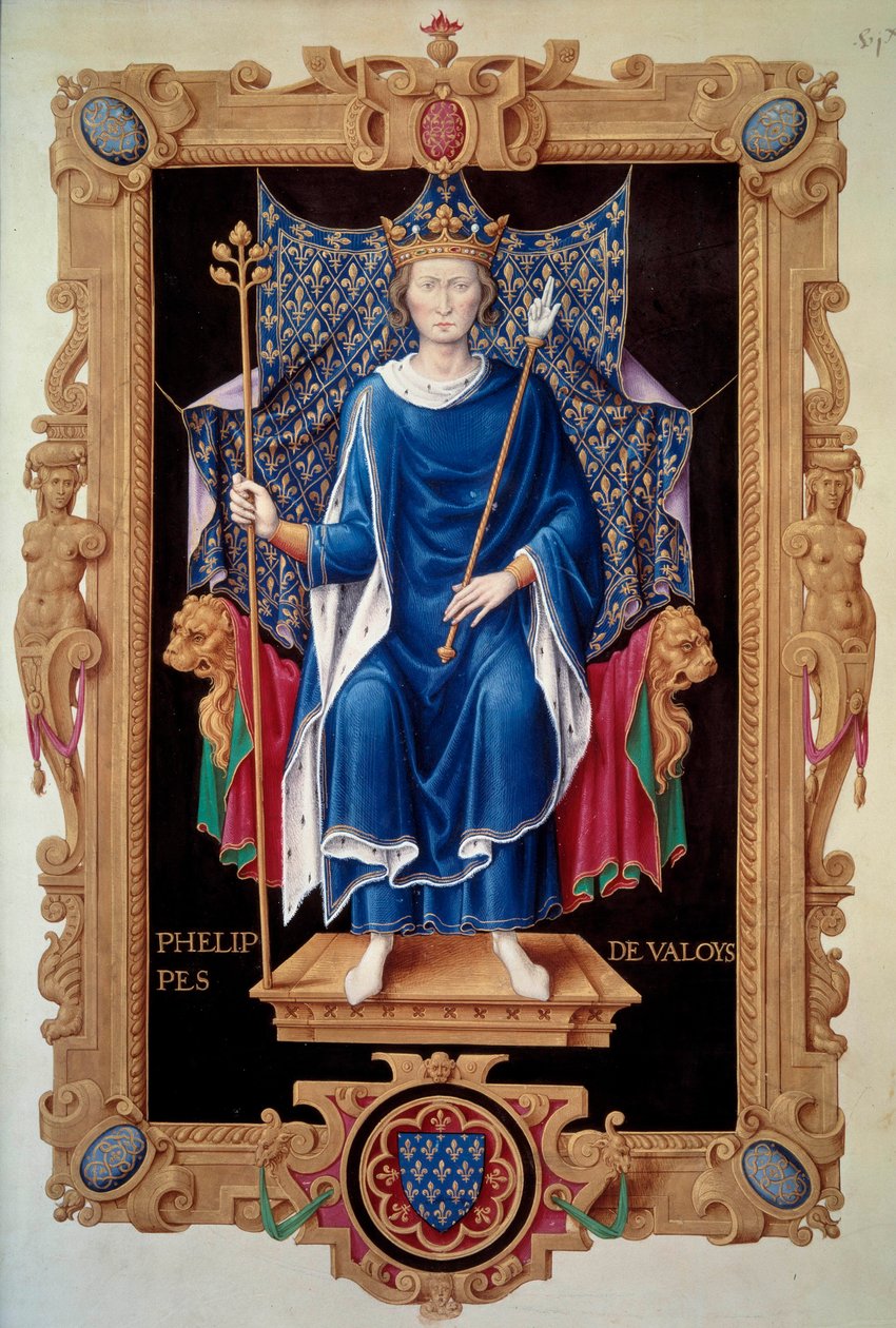 Portret u stóp króla Filipa VI Walezego (1293-1350) Miniatura Jean du Tillet (1484-1520) z „”Recueil des kings de France”” XVI-wieczny Paryż, B.N. autorstwa Jean du Tillet