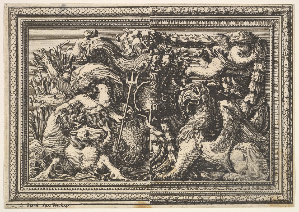 Projekt panelu z dwoma wariantami zawierającymi hipokamp i gryf, z: Ornements..., 1651. autorstwa Jean le Pautre