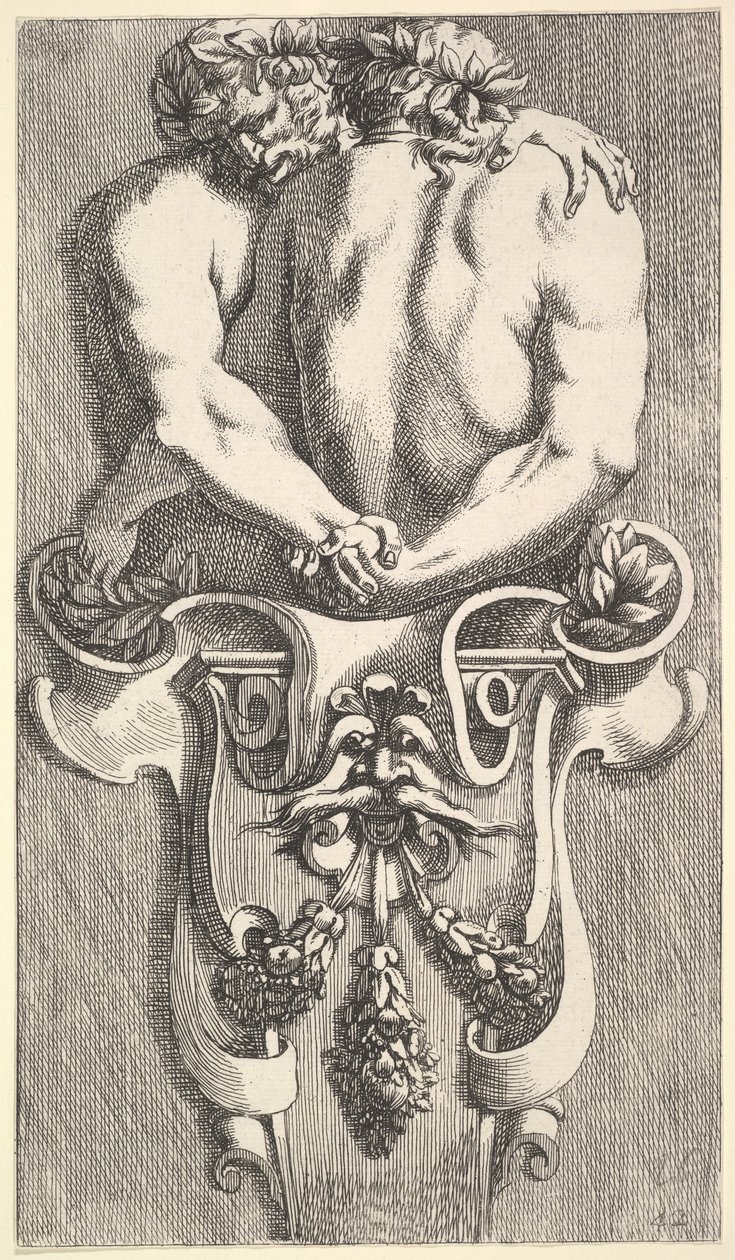 Projekt na semestr z dwoma ogarniającymi satyrami, z: Curieuses Recherches de Several Beaus..., 1645. autorstwa Jean le Pautre
