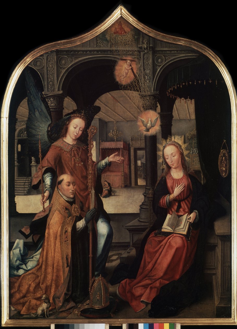 „Reprezentacja Zwiastowania z patronem Guillaume Brukseli” Panel centralny tryptyku Zwiastowania (Zwiastowanie). Obraz na drewnie Jeana Bellegambe Starszego (1470-1534) Sankt Petersburg, Ermitaż autorstwa Jean the Elder Bellegambe