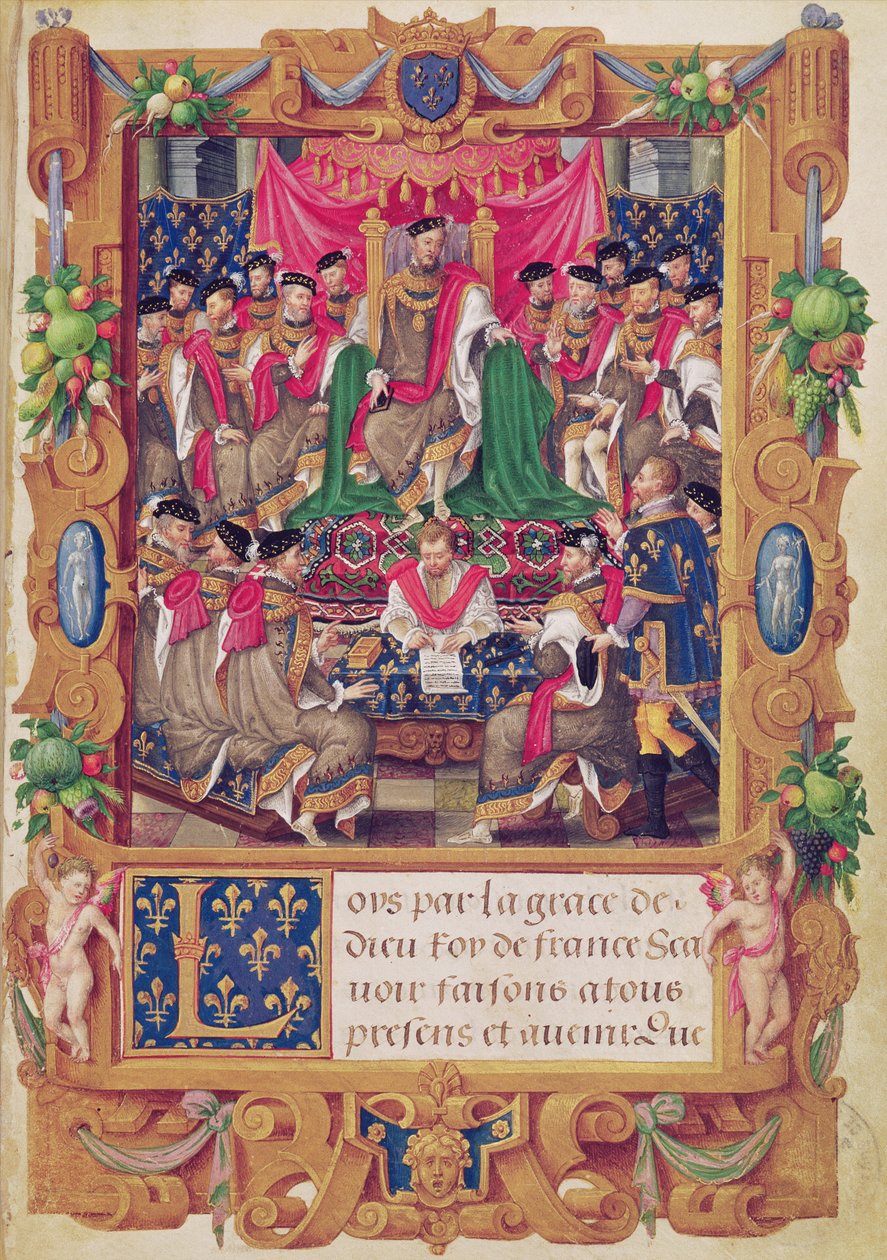 Henryk II przewodniczy zebraniu kapituły francuskiego zakonu rycerskiego Saint-Michel autorstwa Jean the Elder Cousin