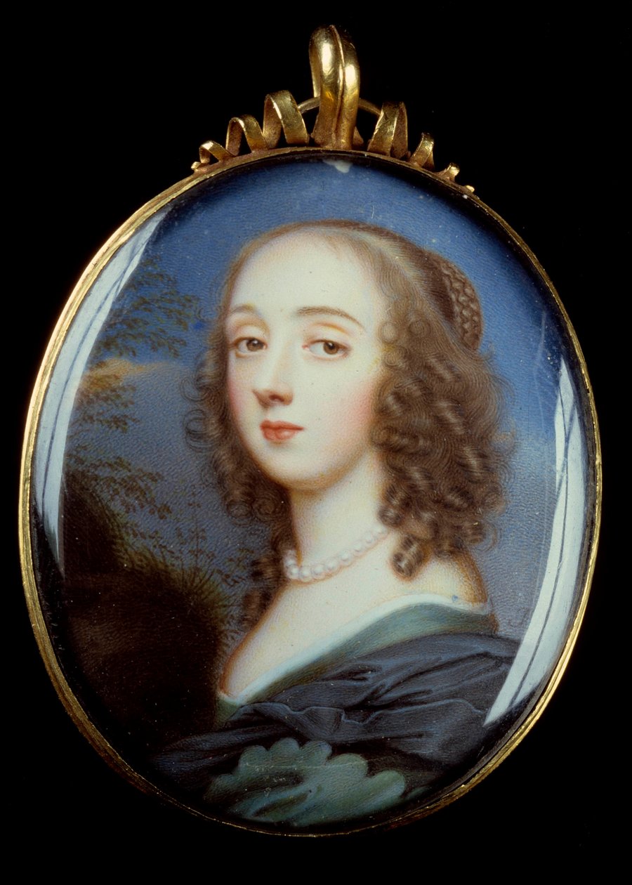 Portret Mademoiselle Kirk Miniaturowy obraz w medalionie autorstwa Jean Petitot the Vieux (1607-1691) XVII wiek. Słońce 0,05x0,04m. autorstwa Jean the Elder Petitot