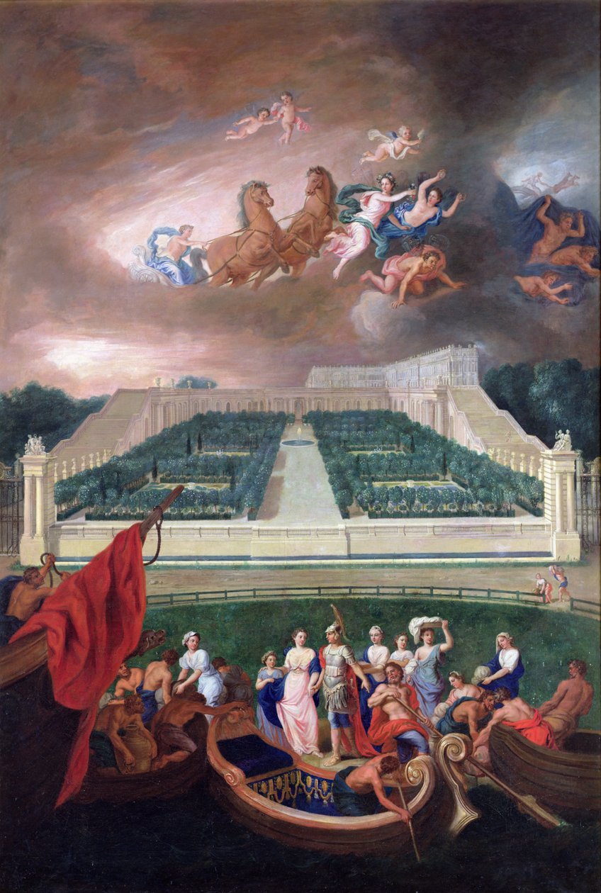 Widok na oranżerię i zamek wersalski z porwaniem Heleny, 1688 r. autorstwa Jean the Younger Cotelle