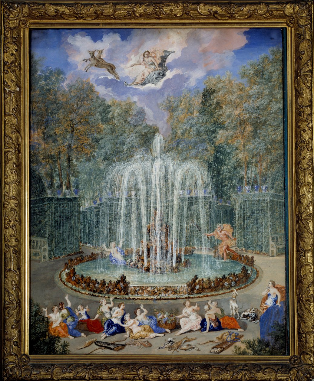Widok na zagajnik gwiazdy lub górę wody w ogrodach Wersalu z Alphee ścigającym Aretuzę i na niebie, Diane prowadzi swój rydwan, Obraz Jean Cotelle the Jeune (1645-1708) XVII wiek, wym. 2,01 x1, 37 m - Widok na Gaj autorstwa Jean the Younger Cotelle