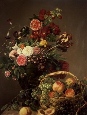 Martwa natura z kwiatami i owocami w koszyku autorstwa Jeanne Marie Josephine Hellemans