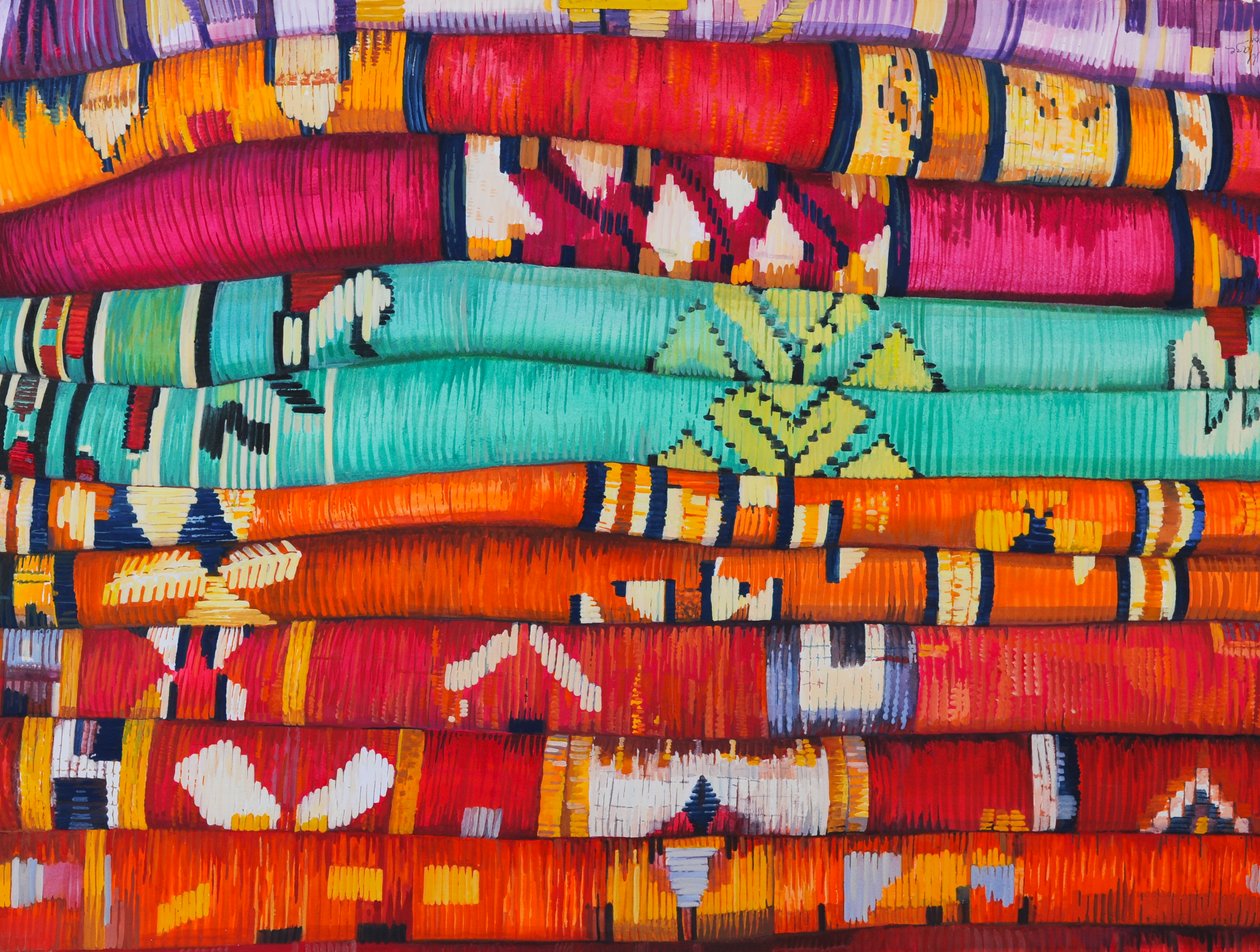 Marokańskie tkaniny 4, 2013 (gwasz na papierze) autorstwa Jeanne Maze