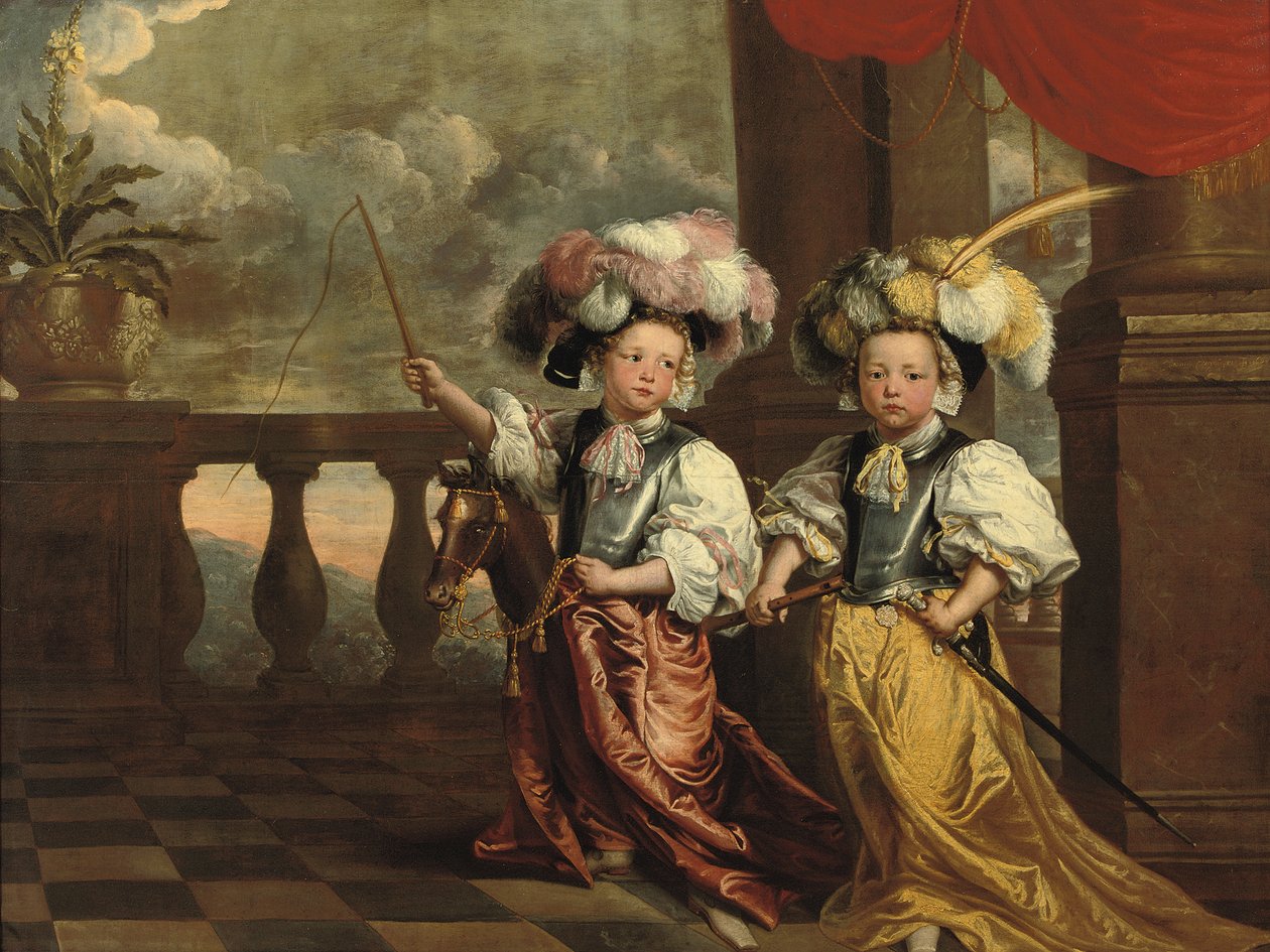 Podwójny portret dwóch chłopców, pełnometrażowych, przebranych za rycerzy, jeden trzymający flet, drugi na koniu hobbystycznym trzymający bicz, obaj stoją na balkonie, 1668 autorstwa Jeanne Vergouwen